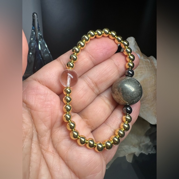 CLEAR  QUARTZ + GOLD-FILLED + PYRITE NATURAL STONES BRACELET size 7” - Picture 11 of 16